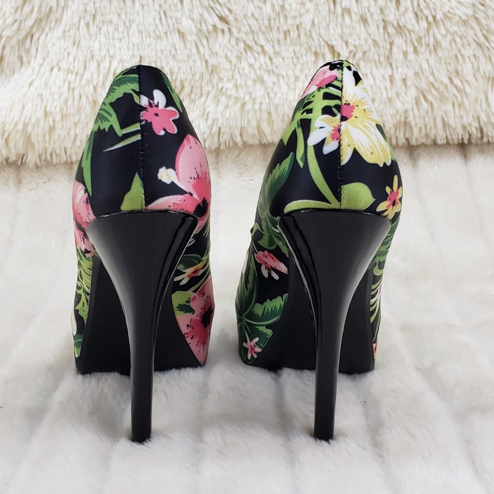 Tropical Floral Open Toe Ruffle Detail Platform Pumps Shoes - Picture 8 of 14